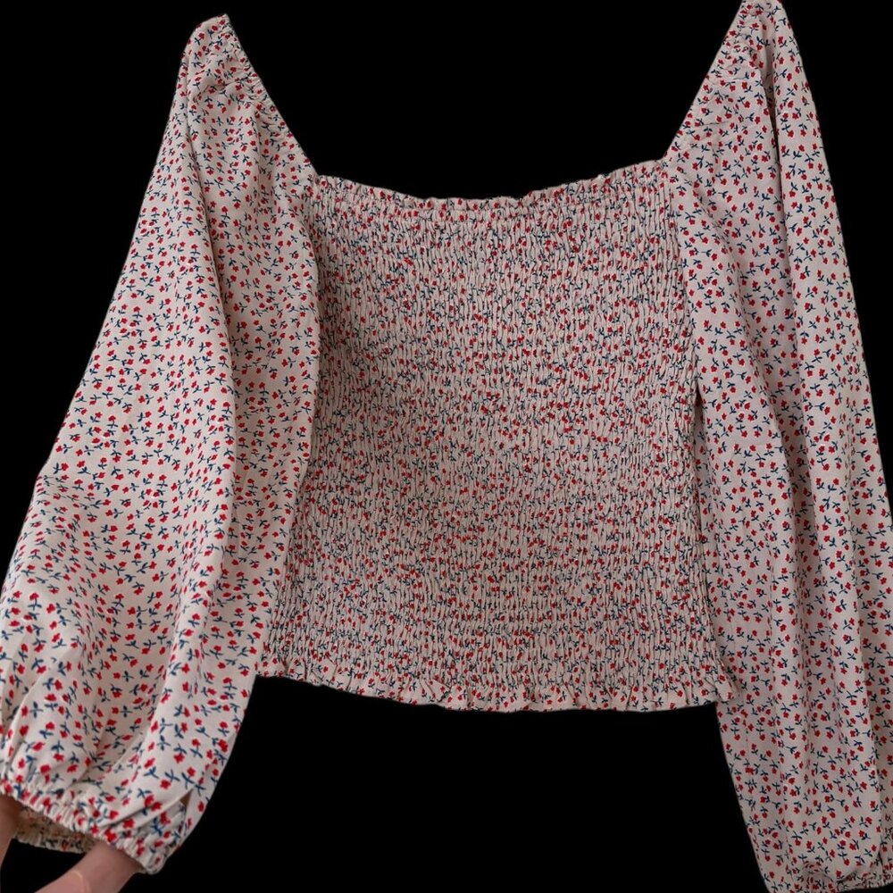 Ditsy Floral Smocked Top Sz M Square Neck Puff Sleeve Cottagecore Boho Milkmaid